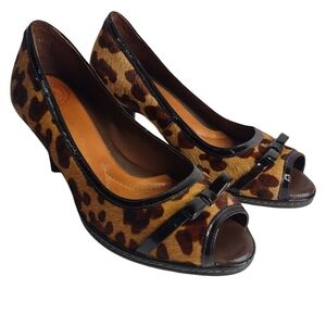 Nurture Women's Leather Calf fur Leopard Peep Toe Pumps Heels Shoes Sz 7.5M